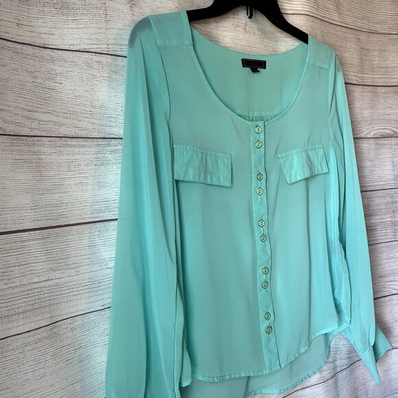 Pearl Teal Button Up Blouse Sheer with Long Sleeves Scoop Neckline Size M - Picture 14 of 15